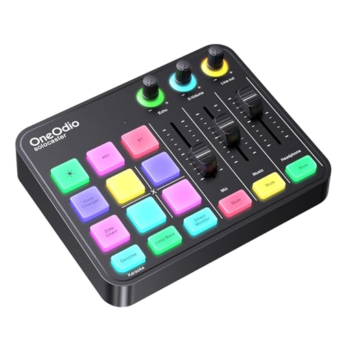 OneOdio Solocaster Gaming Audio Mixer - Interfaccia a 5 Canali con Alimentazione Phantom 48V, Bluetooth, Illuminazione RGB, 3.5mm/XLR/USB C, per Streaming/Podcast/Karaoke su PC, Mac, Mobile