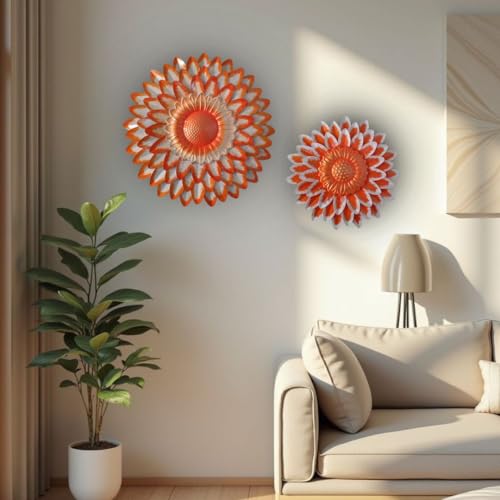 Image of SETHI AESTHETIC Metal Kesariya Flower Wall Art Decor, Handmade 3D Layered Petal Design, Set of 2 (13x13 inch and 11x11 inch) (Metallic Kesariya)