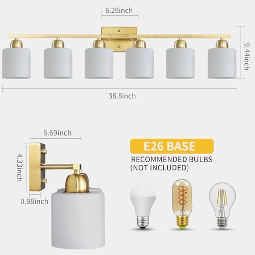 Image of 6 Light Gold Bathroom Vanity Light for Large Mirror, Gold Vanity Lights for Bathroom with Milky White Frosted Glass Shades, 38 inch Wall Lamp for Mirrors Living Room E26 Base