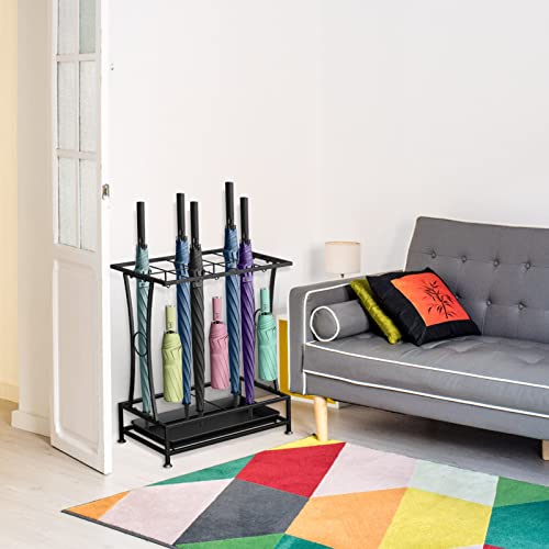 YOCOMEY Metal Umbrella Holder Stand with Removable Drip Tray, Industrial Free Standing Umbrella Rack Organizer for Entryway Home Office Patio Decor(10 Slots 8 Hooks, Black)