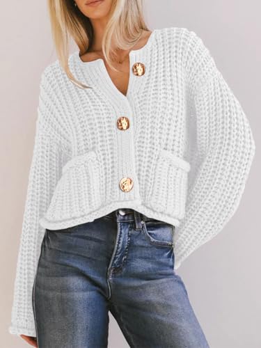 BeautyNee Women's Cardigan Sweaters Button Down Cropped Chunky Knit Cardigan Jacket Long Sleeve Trendy Tops with Pockets4