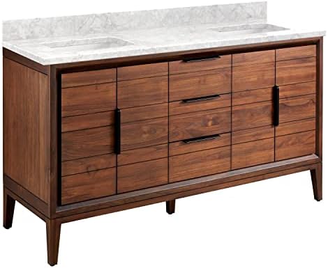 Signature Hardware 476324 Aliso 60" Free Standing Double Vanity Cabinet Set with Teak Cabinet, Vanity Top and Rectangular Undermount Sinks - No Faucet Holes