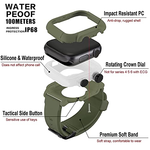 Waterproof Smart Watch Band For Apple Watch Series 4 6 5 Se 44Mm With Impact Resistant Case, Bumper Cover With Soft Silicone Strap Shock Drop Proof Men Women Military Sport (Green, 44Mm) #TOP2