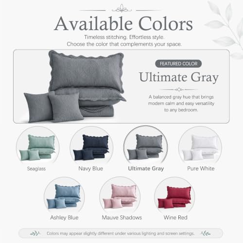 Image of HZ & HY Oversized King Bedspread, Embossed Damask Quilt Set King /Cal King, Lightweight Reversible Coverlet, Scalloped Edge - Modern Classic Look, 5 Piece, Grey