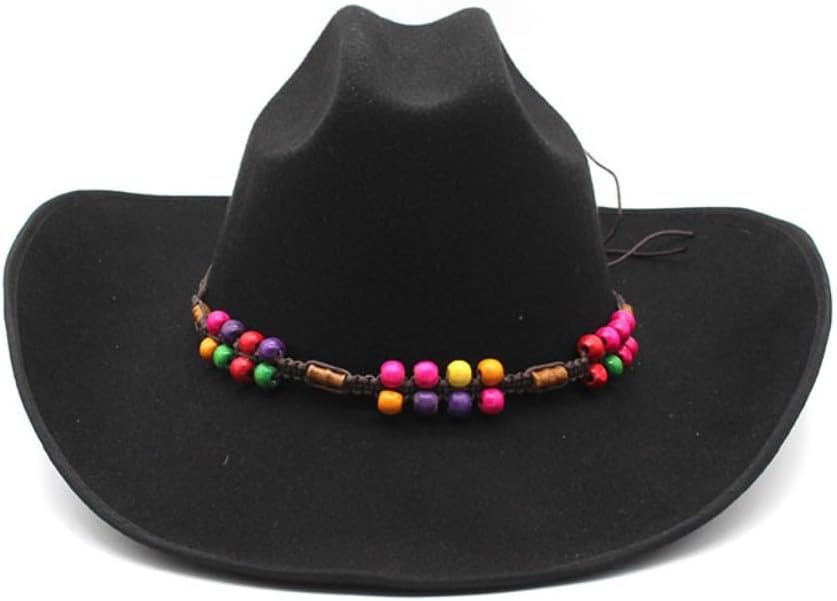 Western Cowboy Hat, Black Wool Felt with Colorful Beaded Band, Wide Brim