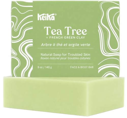 Keika Tea Tree Soap Bar with French Green Clay for Eczema, Psoriasis, Face, Body, Men Women Teens with Oily Skin, 5 oz.