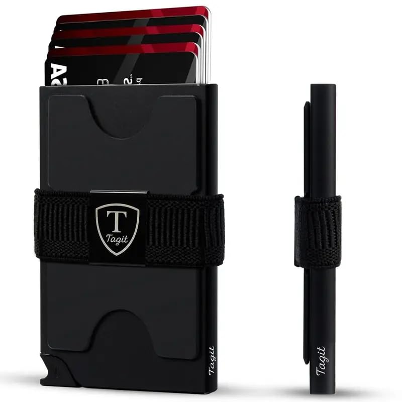 Minimalist Metal Wallet for Men – Slim RFID Blocking Card Holder with Pop-Up Case, Cash Strap & Expandable Backplate – Holds 12+ Cards & Cash – Gift-Ready (Black)