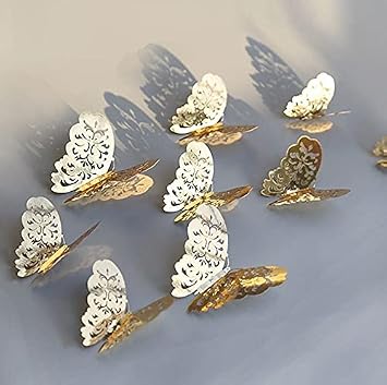 ProFisher Ev Dekorasyon 3D Metalik Renk Oyma PVC Kelebek 12 li S sleme Model Y3