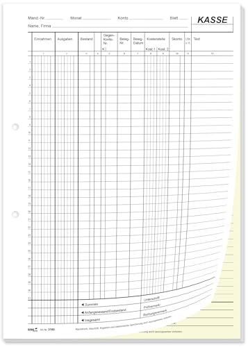 RNKVERLAG- EDV-Kassenbuch mit DATEV gerechtem Aufbau, im DIN A4 Format, perforiert, selbstdurchschreibend, Kassenbuch mit 2 x 50 Blatt (1x Weiß, 1x Durchschrift in Gelb), 1 Stück