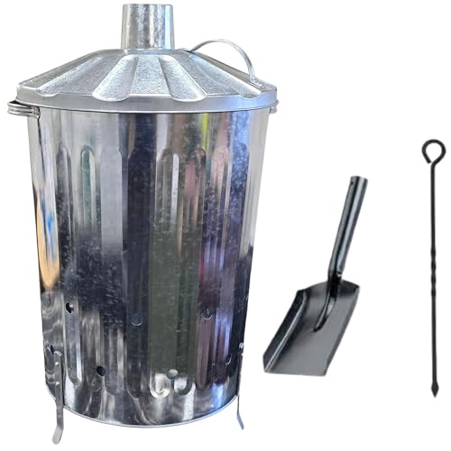 Srendi® Small Medium Large 15L 60L 90L Litre Metal Galvanised Garden Incinerator Fire Bin Burning Leaves Paper Wood Rubbish Dustbin Shovel and Poker Made in U. K. (90L INC+Shovel&Poker)