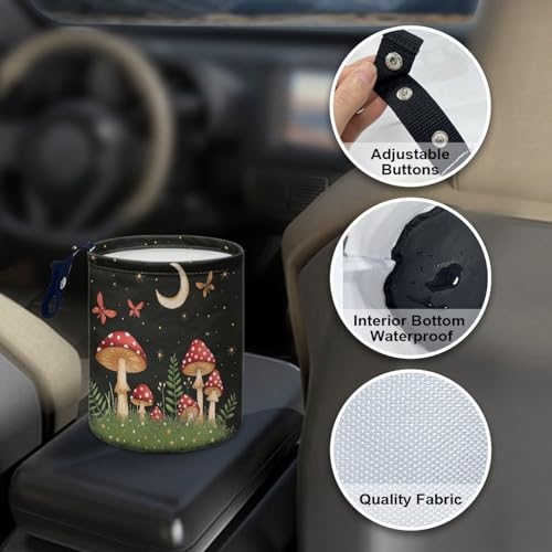 Image of Cute Mushroom Moon Auto Garbage Bag Trash Can Leak Proof Waste Basket Container Bag Bin Hanging Cup Holder Organizer with Strap Mini Car Interior Accessories for Auto, Camping, Travelling