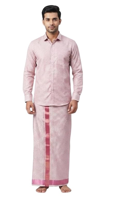 PROPULSION Men's Cotton Tissue Double Jari Shirt and Dhothi Set, Dark Pink, Full Sleeve, 4 Yard-picture-23