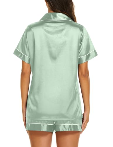 Image of Ekouaer Silk Pajamas for Women Short Sleeve Sleepwear Soft Button Down Loungewear 2 Piece Satin Pjs Shorts Set