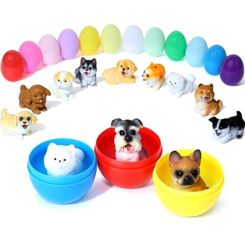 12Pcs Pre-filled Easter Eggs with Realistic Dog Action Figures - 2.36' Colorful Eggs & Solid Resin Puppy Toys - Hand-Painted Eyes & Mouth - Includes...