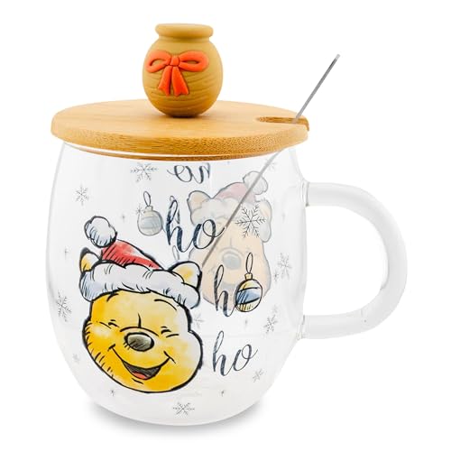 Disney Winnie the Pooh Holiday Glass Coffee Mug With Lid and Spoon | Clear Coffee Cup For Tea, Espresso, Cocoa | Holds 17 Ounces