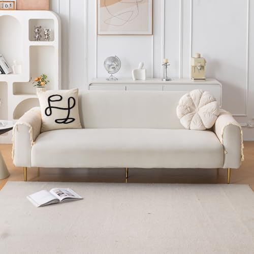 Image of HOKIPO 'Serenity Tassel' Chenille Sofa Arm Cover with Tassels - 1 Pair | Ivory Fringe (IN-893-BGE*2)