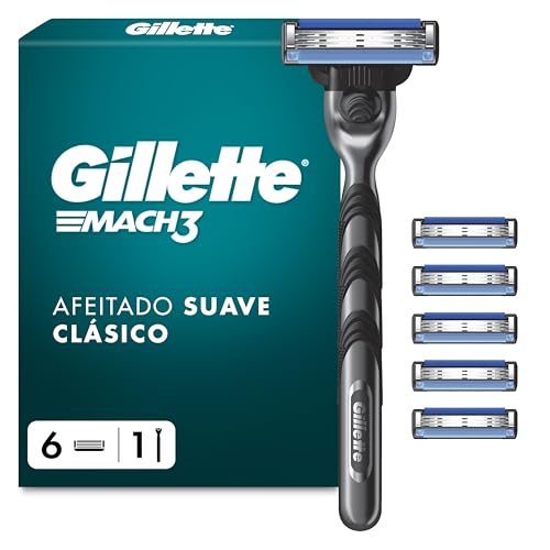 Gillette Mach3 Maquinilla De Afeitar Para Hombre Con Recambios, 1 Mango De Acero Inoxidable, 6 Cuchillas De Recambio Con 3 Hojas y Banda Lubricante