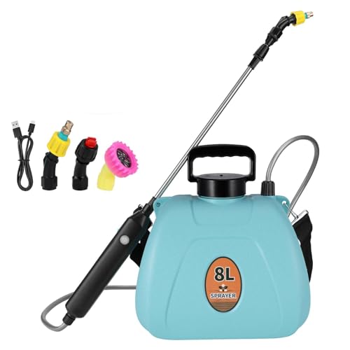 Viitech Akku Drucksprüher 8L, Leistungsstarkes Elektrisches Sprühgerät mit 3 Nebeldüsen, Wiederaufladbarem Griff Gartenspritze mit verstellbarem Schultergurt für Rasen, Garten (Hellblau)