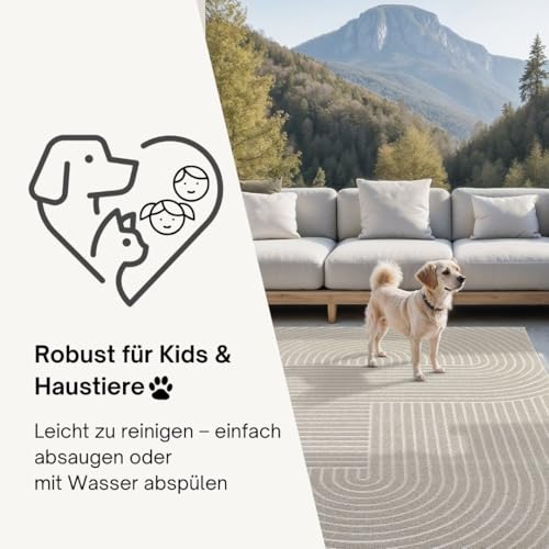 the carpet Santo Plus Outdoor Teppich – Wetterfest & Pflegeleicht, Balkon Teppich, Terrasse & Garten, Flachgewebe Indoor & Outdoor, Modern für Wohnzimmer & Schlafzimmer, Creme, 120 x 160 cm