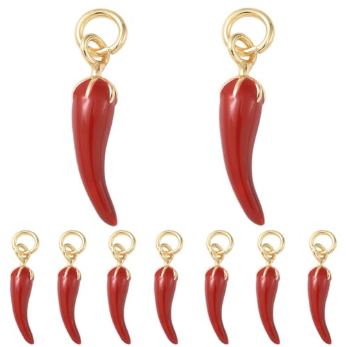 Beebeecraft 1 Box 10Pcs Chili Pepper Charms 18K Gold Plated Brass 3D Red Enamel Cornicello Italian Horn Charms with Jump Ring for Bracelet Earring Necklace DIY Craft Making