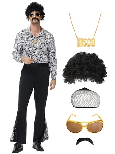 pewjury Disfraz de discoteca de los años 70 para hombre – 7 piezas traje de fiesta retro con camisa brillante, pantalones acampanados, pelucas, collar, bigote, gafas de sol, malla de pelo de peluca