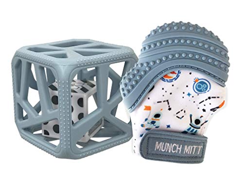 Image of Malarkey Kids Munch Mitt and Chew Cube 2-Pack | Baby Teething Mitten Protects Hands from Chewing & Saliva, Heals Aching Gums, Promotes Sound & Visual Stimulation (Steel Blue and Outer Space)