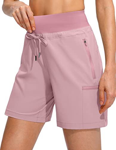 Obla Women's Hiking Cargo Shorts Zipper Pockets High Waist Quick Dry 7 Inch Long Shorts for Women Golf Athletic Summer, Pink, S