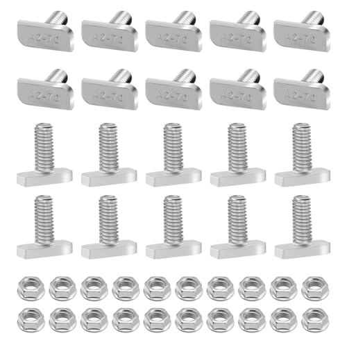 BEASAFY 20 Stück Hammerkopfschrauben M8 x 20 Edelstahl A2-70 mit Sperrzahnmuttern Flanschmuttern, T M8 Schrauben, Hammerkopfschraube Set für PV Solar Montageschienen, Gewächshaus und Photovoltaik