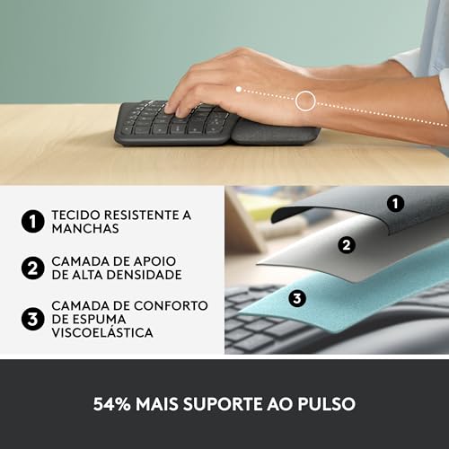 Teclado sem fio Logitech ERGO K860 com Layout de Teclado Dividido, Suporte para Descanso de Pulso, T