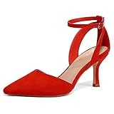 mysoft Women's Pumps Shoes Pointed Toe Kitten Low Heels Stiletto Ankle Strap Closed Toe Wedding Party Dress Sandals Red Suede