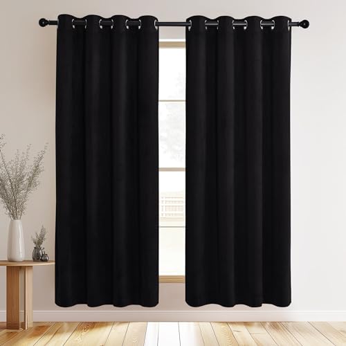 NICETOWN Black Velvet Curtains, Media Movie Theater Room Decor, Luxury Velvet Blackout Window Treatment Drapes, Classic Velvet Woven Home Theater Ring Top Drapes (Set of 2, W52xL72 inches)