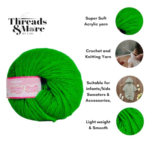 Image of Vardhman Baby Soft Yarn Pack of 6 - 4-Ply Acrylic Wool 150g Total | Soft Yarn for Knitting & Crocheting Baby Blankets, Sweaters, Toys & Accessories | 86m per 25g Ball (1, Green)