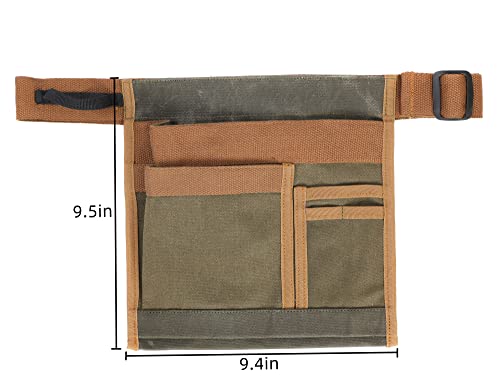 5-Pocket Single Side Tool Belt Pouch/Work Apron, Heavy Duty 16Oz Waxed Canvas, Adjustable Belt With Buckle, Army Green #TOP1