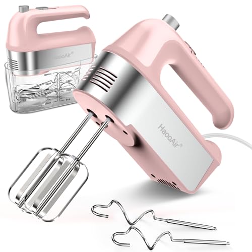 HaooAir 450W Elektro-Handmixer, 5-Gang-Handmixer mit Messbecher-aufbewahrung, 4* Edelstahl-Zubehör, Turbo-Boost, Auswurftaste, Küchenmixer für Backen, Pink
