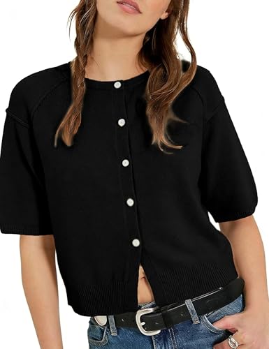 AMEBELLE Cropped Cardigan for Women Short Sleeve Ribbed Knit Button Up Shirt Lightweight Crewneck Casual Sweaters Tops (2668-Black-M) — view 4