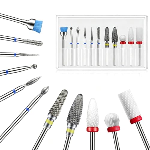 Depvko Juego de 11 brocas para uñas, 2 brocas de carburo de tungsteno + 3 cerámica fresas torno para uñas + 5 brocas de diamante + 1 brocha, 3/32 pulgadas para taladro de uñas