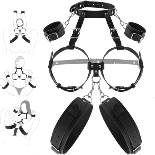 BDSM Bondage Fesselset für Frauen, Bondage Ausrüstung mit Brustfesseln Handschellen Oberschenkelriemen, SM Spielzeug mit Kinky Dessous Harness Hand- & Oberschenkelmanschetten für Paare & Bettfesselung