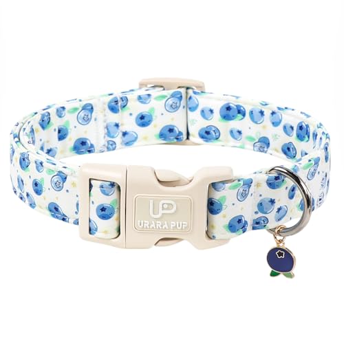 Image of Blueberry Dog Collar, Summer Spring Cotton Dog Collar, Cute Fruit Pattern Adjustable Light Blue Pet Collar, Lightweight Durable Quick Release Buckle with Charm for Male Female Dogs