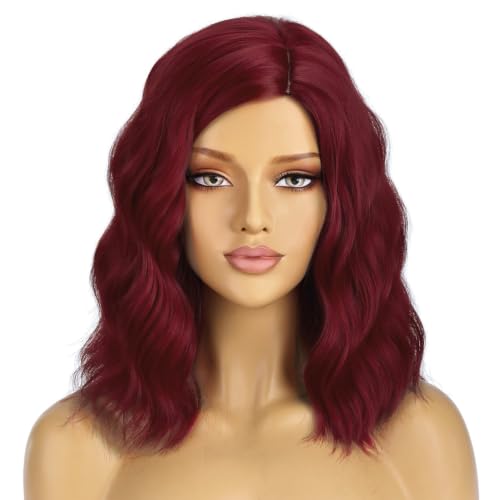 Image of BERON Wine Red Wigs for Women Short Curly Wavy Wig Girls Burgundy Color Body 14 Inch Heat Resistant Synthetic Hair Wig for Cosplay Party or Daily Use