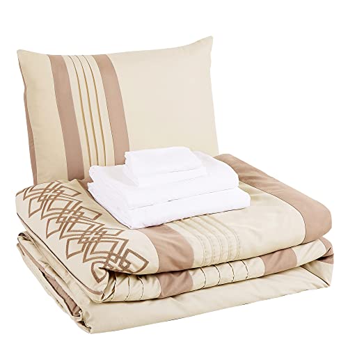 Chezmoi Collection Liliana King Bed In A Bag 7-Pieces Taupe Geometric 3D Embroidery Pleated Stripe Comforter Set With Sheets All Season Bedding Set, King #TOP1