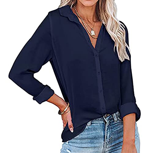 Briskorry Elegante blouse met knoopsluiting, eenkleurig, lange mouwen, hemdblouse, losse tuniek, bovenstuk, herfst en zomer, revers, kraag, blouseshirt, basic, casual, zakelijk overhemd, pendlerhemd - Image 3