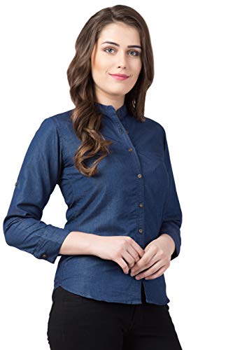 Image of FUNDAY FASHION Women's Denim Blend Casual Mandarin Collar Regular Fit Shirt