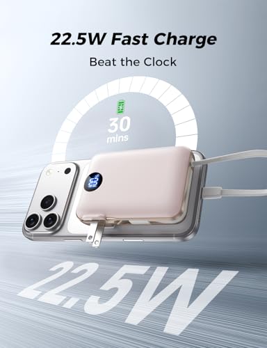 Image of Portable Charger with Built-in Cables & Wall Plug, 10000mAh Power Bank, 4 Outputs 22.5W USB C Fast Charging, Mini Travel Essentials Battery Pack with LED Display for iPhone /iPad /Samsung etc RoseGlod