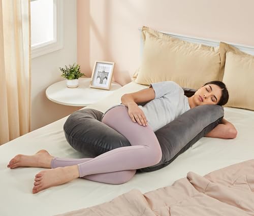 Image of Amazon Basics Velvet Full Body Pregnancy Pillow for Maternity, Baby Nursing, Full Body Support|Perfect Baby Shower Gift|C-Shaped-Washable Cover with Zip-Grey, Velvet