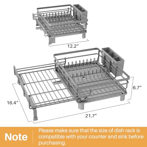 Image of SNTD Dish Drying Rack - Extendable Dish Rack, Large Sink Drying Dish Drainer for Kitchen Counter, Stainless Steel Dish Strainer with Utensil Holder (Grey)