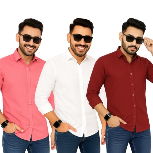 Image of Men's Polycotton Shirt Combo Pack of 3 | Regular Fit Casual & Formal Wear | Wrinkle Resistant | Soft & Breathable Shirt for Men