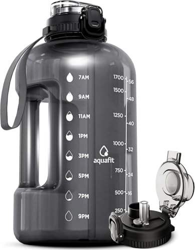 Image of AQUAFIT Half Gallon Water Bottle with Time Marker - Straw & Chug Lid - BPA Free Gym Water Bottle with Straw - Big Gallon Jug (Gray, 64 oz - 2in1 Lid)