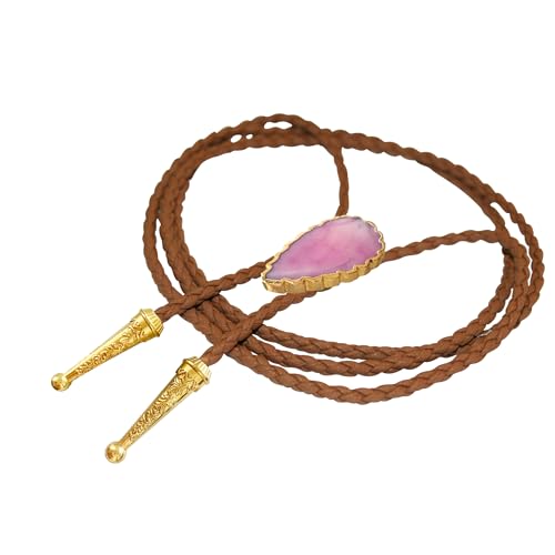 Image of Daisy Del Sol Gemstone Bolo Tie Braided Vegan Faux Leather Natural Stone Gold Handmade Necklace Adjustable Boho Western Jewelry