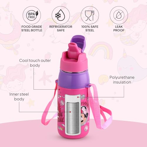Image of CELLO Kidzbee Puro Steel-X Hydro Kid 600 Insulated Kids Sipper Water Bottle 520ml Pink | Touch & Feel Minnie Design Easy to Carry with Loop Leakproof Flip Top Water Bottle For School Kids Boys & Girls