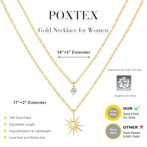 Gold Sun Star Pendant Necklace for Women, Dainty Small Diamond Choker 14K Plated Simple Interlocking Necklaces Cute Opal Cuba Cubic Zirconia Chain Non Tarnish Waterproof Jewelry Gifts4